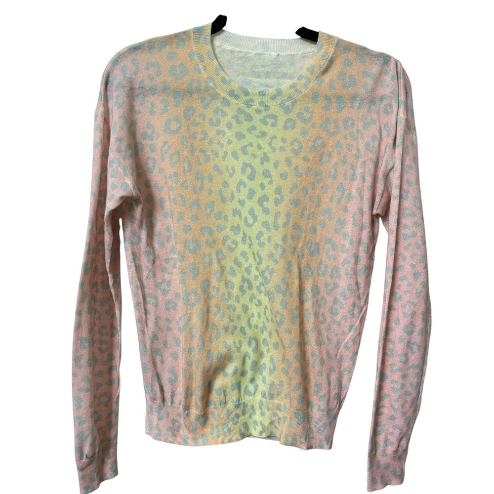 27 Miles Malibu Pastel Ombre Leopard Print Crewneck Sweater Womens Pink Yellow